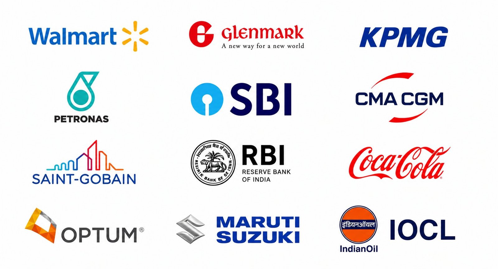 Organizations including Walmart, Glenmark, KPMG, SBI, RBI and IOCL